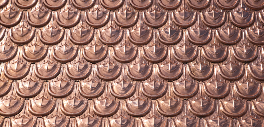 Metal roof shingles made from copper.