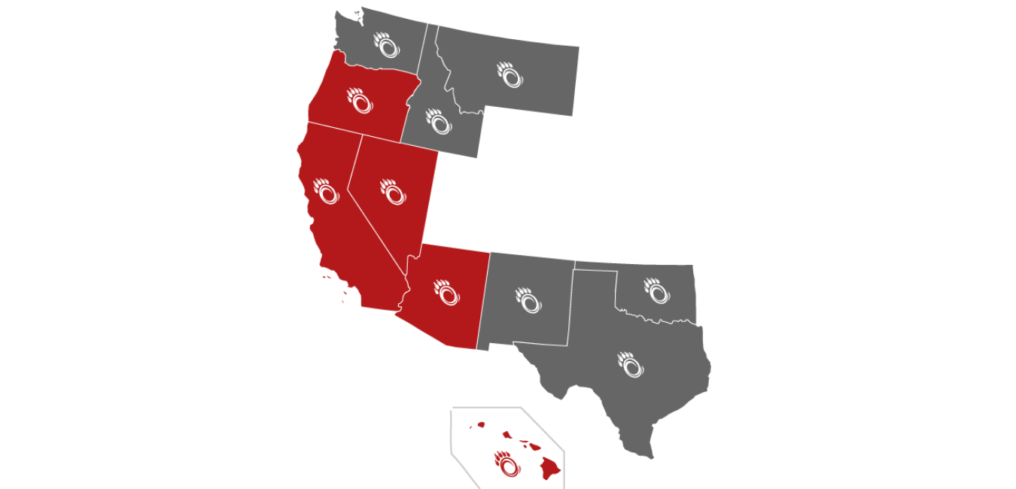 Map showing the western U.S. states that Kodiak Roofing has completed projects in. Best in the west.