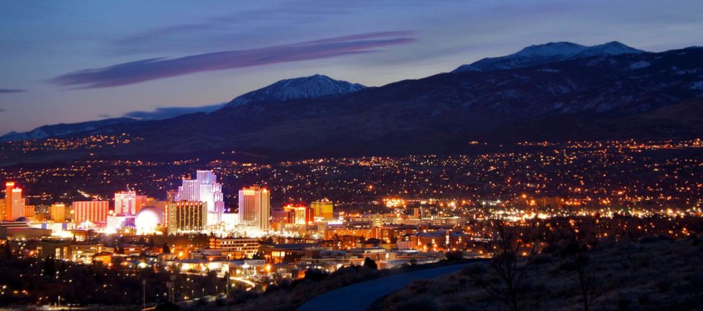 Nighttime photo of the Reno, Nevada skyline.