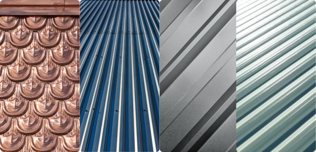 Image of different metal roofing materials - aluminum, copper, steel, and zinc.
