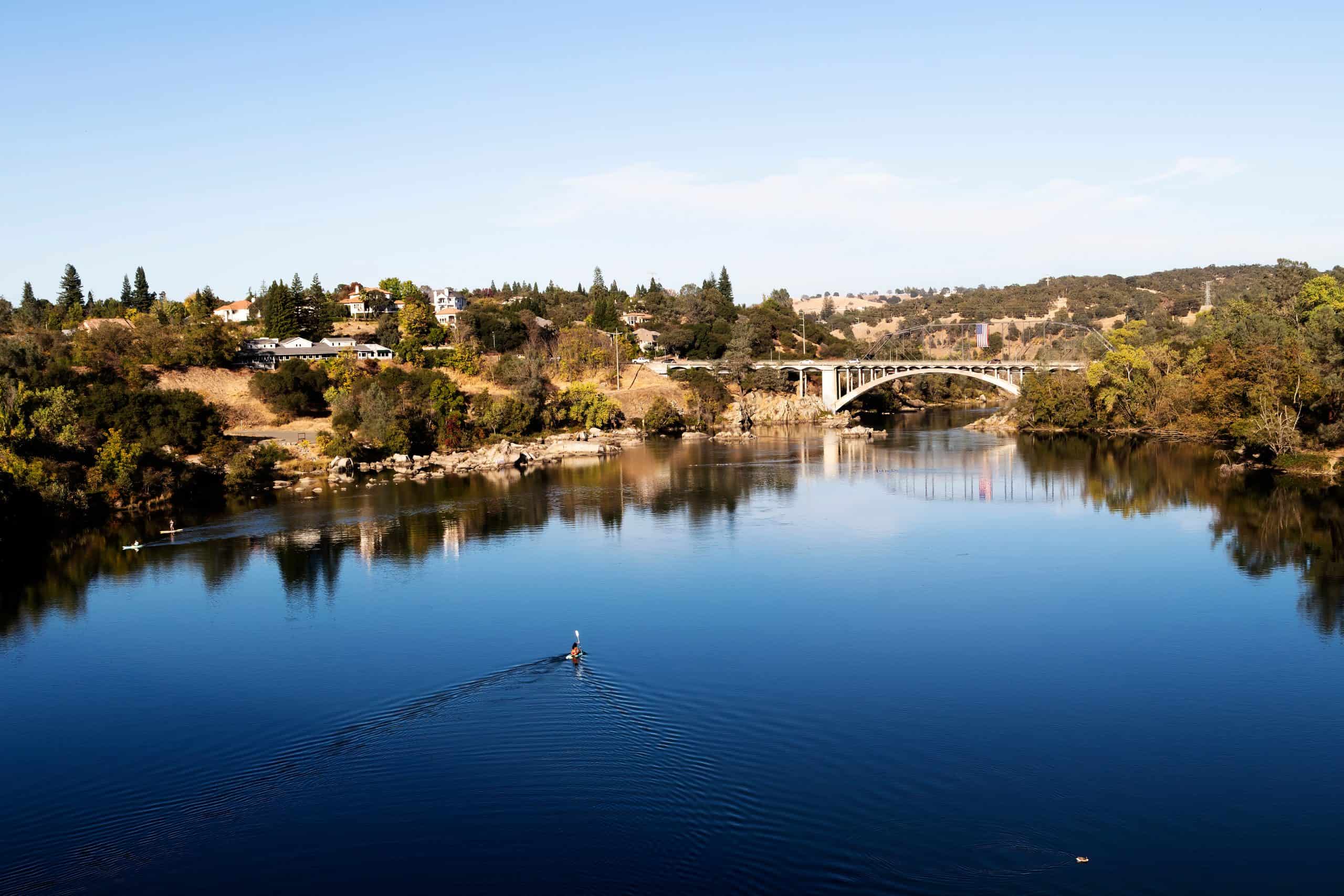 Aerial photo of Rainbow Bridge in Folsom California where Kodiak Roofing provides top-quality roofing, solar, and waterproofing services in Folsom.